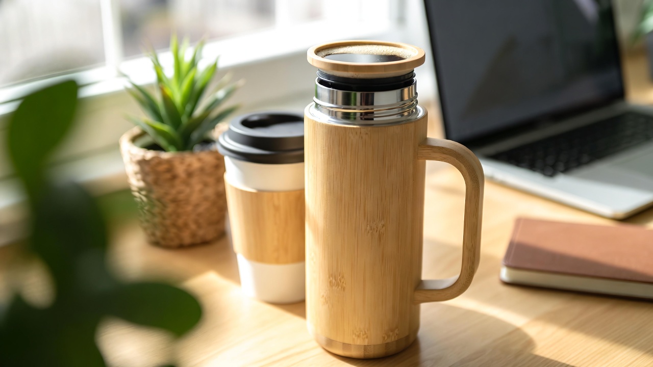 Eco-friendly bamboo insulated thermos flask with stainless steel lid slightly open revealing coffee, on a wooden desk beside laptop, notebook, reusable cup and small potted plant in warm morning sunlight