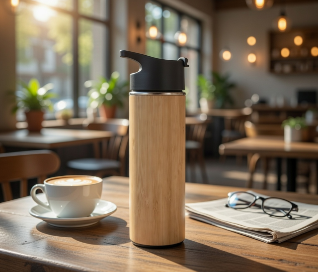 Bamboo insulated travel tumbler with black flip-top lid on transparent background